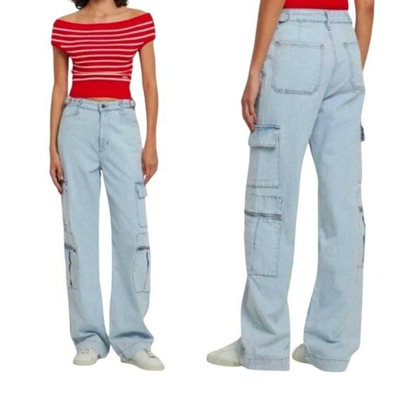 WeWoreWhat Light Wash Utility Straight Jeans NWT Sz 24 Denim Cargo Pants - Picture 10 of 10